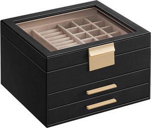 Jewelry Box with Glass Lid, 3-Layer Jewelry Organizer, 2 Drawers, Jewelry Storage, Lots of Storage Space, Modern, Gift Idea, 8 x 9.1 x 5.3 Inches, Cloud White and Gold Color UJBC239WT Black