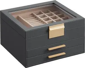 Jewelry Box with Glass Lid, 3-Layer Jewelry Organizer, 2 Drawers, Jewelry Storage, Lots of Storage Space, Modern, Gift Idea, 8 x 9.1 x 5.3 Inches, Cloud White and Gold Color UJBC239WT Grey Jewelry Box with Glass Lid, 3-Layer Jewelry Organizer, 2 Drawers, Jewelry Storage, Lots of Storage Space, Modern, Gift Idea, 8 x 9.1 x 5.3 Inches, Cloud White and Gold Color UJBC239WT Grey