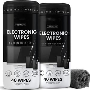 Electronic Wipes Streak-Free for Screen Cleaner & Smart Watch [2 Pack x 40] TV Screen, Smart TV, Computer Screen, Laptop, Phone, Tablet, and Electronics devices - Microfiber Cloth Included [80 Wipes]