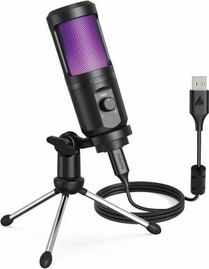 USB Gaming Microphone for PC, Computer Condenser Mic with Gain Knob, RGB Light, Tripod Stand for Recording, Podcasting, Streaming, Compatible with PS5 PS4 Mac Laptop Desktop