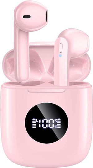 Wireless Earbuds V5.3 Bluetooth Headphones 50Hrs Battery Life with Wireless Charging Case & LED Power Display Deep Bass IPX7 Waterproof Earphones Microphone Stereo Headset for TV Phone, Pink