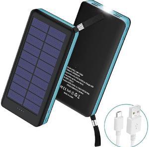 Solar Charger 30000mAh, Portable Power Bank Outdoor External Battery Pack with Flashlight, Type C Plus Dual Micro Input and 4 USB Output for iOS and Android - Blue