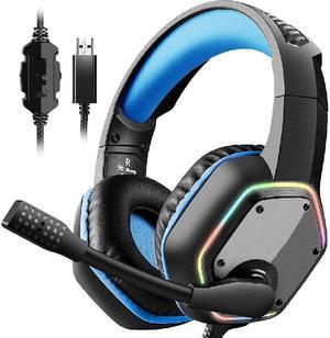 E1000 USB Gaming Headset for PC, Computer Headphones with Microphone/Mic Noise Cancelling, 7.1 Surround Sound, RGB Light - Wired Headphones for PS4, PS5 Console, Laptop Call Center Blue