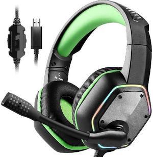 E1000 USB Gaming Headset for PC, Computer Headphones with Microphone/Mic Noise Cancelling, 7.1 Surround Sound, RGB Light - Wired Headphones for PS4, PS5 Console, Laptop Call Center Green