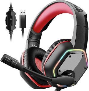 E1000 USB Gaming Headset for PC, Computer Headphones with Microphone/Mic Noise Cancelling, 7.1 Surround Sound, RGB Light - Wired Headphones for PS4, PS5 Console, Laptop Call Center Red