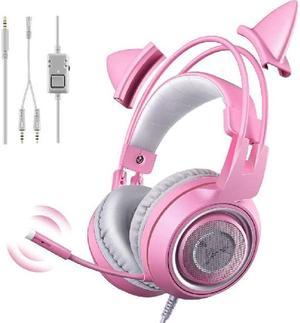 G951s Pink Stereo Gaming Headset with Mic for PS4,Xbox,PC,Mobile Phone,3.5mm Noise Reduction Cat Ear Headphones Lightweight Over Ear Headphones