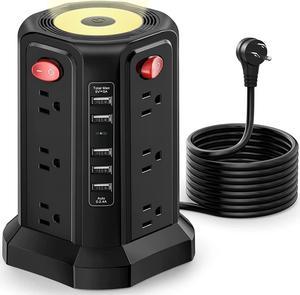 Surge Protector Power Strip Tower with 5 USB Ports and Night Light, 10FT Extension Cord with 12 AC Multiple Outlets, Power Tower, Overload Protection for Home Office Dorm Room