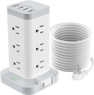 Power Strip Tower with USB Ports, 16 in 1 Surge Protector Tower, 12 AC and 4USB Ports, 10 FT Extension Cord with Multiple Outlets, USB Power Tower Outlet Charging Station for Office Supplies(White)