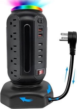 Power Strip Tower with Colorful Nightlight, 15 AC Outlets and 6 Fasting USB Ports, Retractable Extension Cord with Multiple Outlets, 1500 J Surge Protector Power Strip with Right Flat Plug (Black)