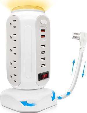 Power Strip Surge Protector Tower, 15 AC Outlets and 6 USB Ports with LED Light, Retractable Heavy Duty Extension Cord with Multiple Outlets, USB Charging Station with Right Flat Plug (White)