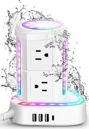 RGB Power Strip Tower with USB C PD 20W, Waterproof Surge Protector with 6 Outlets and 3 USB Ports, 2000J 1875W 6ft Extension Cord, Charging Station for Gaming Party Home Office