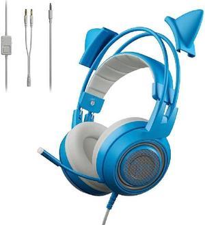 G951s Blue Stereo Gaming Headset with Mic for PS4,Xbox,PC,Mobile Phone,3.5mm Noise Reduction Cat Ear Headphones Lightweight Over Ear Headphones