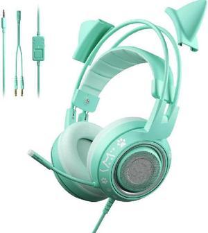 G951s Green Stereo Gaming Headset with Mic for PS4,Xbox,PC,Mobile Phone,3.5mm Noise Reduction Cat Ear Headphones Lightweight Over Ear Headphones
