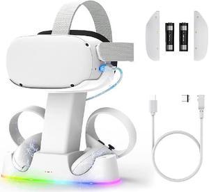 RGB Charging Dock & Stand Accessories for Meta-Quest 2, Magnetic Fast Charger Docking Station for VR Headset & Controllers , 2*2200mAh Rechargeable Batteries, 7*Modes Adjust Gaming Lighting Atmosphere