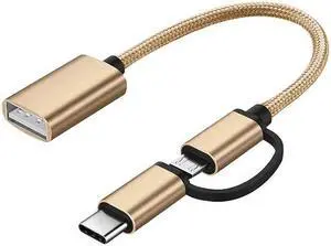 2-in-1 USB C/Micro to USB Adapter, USB C to USB 3.0, USB to Android OTG Adapter Cable Compatible with MacBook Pro Android Google Samsung and More, Gold