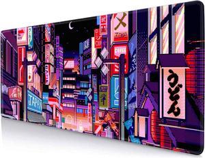 Purple Japanese Anime Desk Mat for Desktop, Pink Retro Tokyo Large Gaming Mouse Pnd Keyboard Mat, XL Long Computer Mouse Pad for Laptop, Office Non-Slip Pad