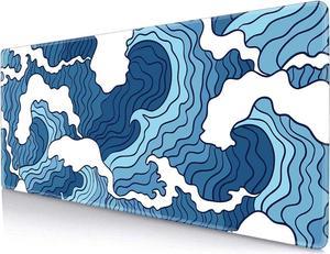 Japanese Blue and White Wave Gaming Mouse Pad XL - Non Slip Rubber Base Large Mousepad - Stitched Edges Desk Pad, Extended Mice Pad, 31.5 X 11.8 Inch