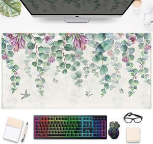 Eucalyptus Leaf Large Mouse Pad Watercolor Flowers Mouse Pad XXL Green Red Leaves Desk Mat 31.5x15.75 Inch,Spring/Summer Extended Keyboard Mat with Precision Stitched Edges and Non-Slip Rubber Base