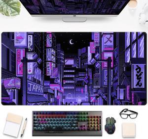 Tokyo Street Desk Pad Purple, Cute Retro Large Gaming Mouse Pad, Japanese Anime Laptop Keyboard Mouse Mat XXL, Aesthetic Neon Pixel Skyline/City Desk Mat, Desk Decor Pads for Women 31.5"x15.75"