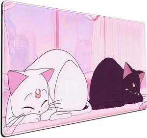 Desk Pad Pink Anime White Cat Black Cat Gaming Mouse Pad Large, Desk Office Decor Exclusive Beautiful Girls Mouse Pad for Women Desktop with Stitched Edges Non-Slip Rubber Computer Mat 31.5x15.7 in