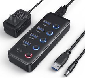 Powered USB 3.0 Hub, 5-Port USB Hub Splitter (4 Faster Data Transfer Ports+ 1 Type-C Charging Ports) with Individual LED On/Off Switches, USB Hub 3.0 Powered with Power Adapter for Mac, PC