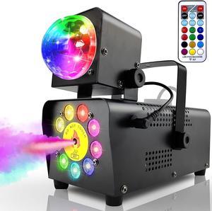 Fog Machine with Disco Lights and 9 LED Lights 500W Smoke Machine Christmas Halloween with Wireless Remote Control Automatic Portable Outdoor for Parties & Stage (9 LED Lights)