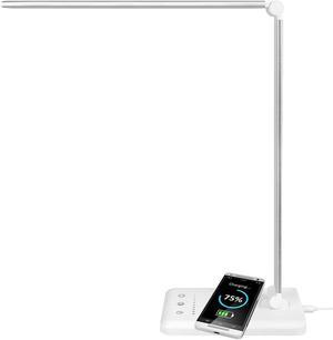 LED Desk Lamp with wireless charger Dimmable Table Lamp Reading Lamp with USB Charging Port, 5 Lighting Modes, Sensitive Control, 30/60 Minutes Auto-Off Timer, Eye-Caring Office Lamp Silver