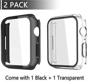 2 Pack Hard PC with Tempered Glass Screen Protector Case with Apple Watch Series 6/SE Series 5 Series 4 44mm, Overall Shockproof Protective Cover, One-Piece Protection Design, Black+Transparent