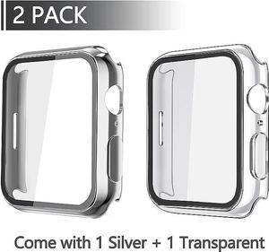 2 Pack Hard PC with Tempered Glass Screen Protector Case with Apple Watch Series 6/SE Series 5 Series 4 44mm, Overall Shockproof Protective Cover, One-Piece Protection Design, Silver+Transparent