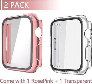 2 Pack Hard PC with Tempered Glass Screen Protector Case with Apple Watch Series 6SE Series 5 Series 4 44mm Overall Shockproof Protective Cover OnePiece Protection Design PinkTransparent