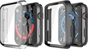 2 Pack Hard PC Case with Tempered Glass Screen Protector Compatible with Apple Watch Series 8 Series 7 45mm, Ultra-Thin Scratch Resistant Overall Protective Cover for iWatch S8 / S7, Black+Transparent