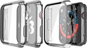 2 Pack Hard PC Case with Tempered Glass Screen Protector Compatible with Apple Watch Series 8 Series 7 45mm, Ultra-Thin Scratch Resistant Overall Protective Cover, Silver+Transparent
