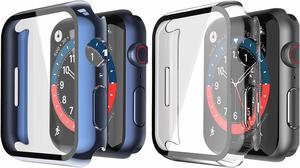 2 Pack Hard PC Case with Tempered Glass Screen Protector Compatible with Apple Watch Series 8 Series 7 45mm, Ultra-Thin Scratch Resistant Overall Protective Cover, Blue+Transparent