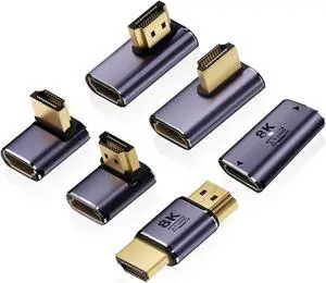 8K HDMI 2.1 Adapter (6 Pack), Up&Down, Left&Right 90 Degree and 270 Degree Male to Female HDMI Extender, Female to Female and Male to Male HDMI Coupler Extension Connector Aluminum Alloy