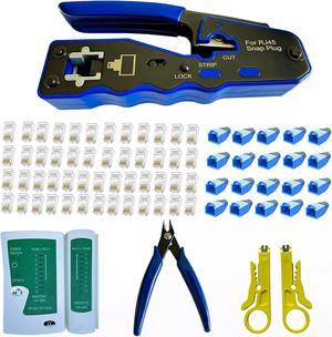 Rj45 Crimp Tool Kit Pass Through and Standard Cat6 Cat6A Cat5 Cat5e rj45 Crimping Tool with 50pcs rj45 Cat6 Pass Through Connectors, 20pcs Covers, 1 Network Cable Tester, 2 Wire Strippers, 1 Cutter
