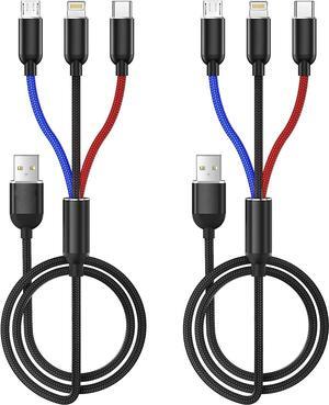 Multi Charging Cable, Multi Charger Cable Nylon Braided 3 in 1 Charging Cable Multi USB Cable Fast Charging Cord with Type-C, Micro USB and IP Port, Compatible with Most Phones & iPads (2 Pack)
