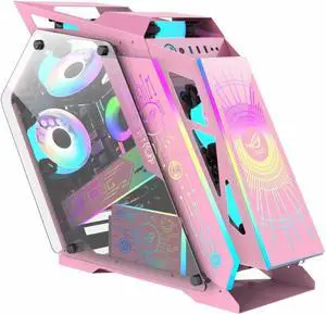 CORN Opened(Not Dustproof) PC Case, Tempered Glass Gaming Desktop Computer Case, Micro ATX/Mini ITX with ROG Light Board and 120mm Fan*6, Support 240 Liquid Cooling, Unique Appearance Pink