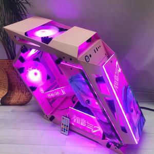 CORN Opened(Not Dustproof) PC Case, Tempered Glass Gaming Desktop Computer Case, Micro ATX/Mini ITX with Light Board(Miku) and 120mm Fan*6, Support 240 Liquid Cooling, Unique Appearance Pink