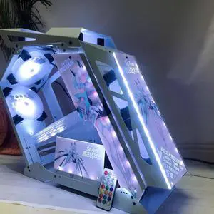 CORN Opened(Not Dustproof) PC Case, Tempered Glass Gaming Desktop Computer Case, Micro ATX/Mini ITX with Light Board(Se7en) and 120mm Fan*6 , Support 240 Liquid Cooling, Unique Appearance White