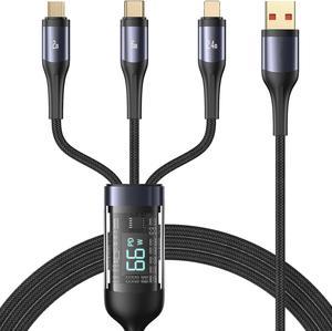 6A Multi Charging Cable 4ft 3 in 1 Braided LED Display 66W Fast Charging Cord with Type C/Micro Connectors Universal Charger Adapter for Cell Phones/Samsung Galaxy and More