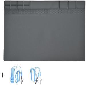 Anti-Static Mat ESD Safe for Electronic Includes ESD Wristband and Grounding Wire, Silicone Soldering Repair Mat 932°F Heat Resistant for iPhone iPad iMac, Laptop, Computer, 15.9 x 12 Grey