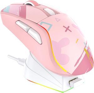 CORN Wireless Gaming Mouse with RGB Charging Dock,High-Precision Sensor,Programmable Side Buttons and 120Hr Long-Lasting Battery,Up to 12K DPI,Great for PC Gaming Tablet Mac DAREU Pink