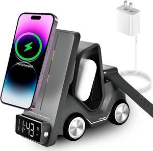 6 in 1 Forklift Wireless Charging Station, fast Multifunctional Wireless Desktop Charger Stand for iPhone 15/14/13/12 Series, AirPods Pro/3/2, Apple Watch/iWatch Support Alarm Clock Light (Grey)