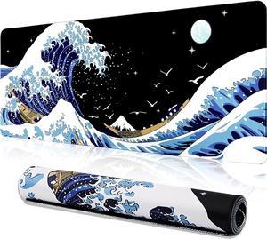 Gaming Laptop Mouse Pad,Sea Wave Big Mice Pads PC Keyboard and Non-Slip 31.5 x 11.8inches 3mm Thick XL,XXL Rubber Table Mat, Kanagawa Surfing and Black Japanese Mouse Pads
