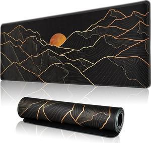 Large Gaming Mouse Pad for Desk, Desk Mat with Seamed Edges, Non-Slip Rubber Base, 31.5x11.8 Inch Keyboard Pad Computer Mat, Big XL Black Mousepadt Golden Mountain