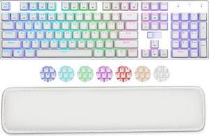CORN Eagle White Gaming Aluminum Mechanical Gaming Keyboard RGB Backlit LED with Wrist Rest, Blue Switches - Clicky, Metal Panel 104 Keys for Mac, PC, Silver+White