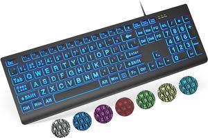 Large Print Backlit Keyboard, Wired USB Lighted Computer Keyboards with 7-Color & 4 Modes Backlit, Oversize Letters Keys Easy to See and Type, Quiet Keyboard Compatible for PC, Laptop