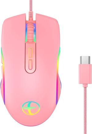 CORN Wired Gaming Mouse, 3200 DPI 4 Adjustable Levels, Ergonomic RGB Light Mouse with Type-C for PC/Mac/Laptop (Pink)