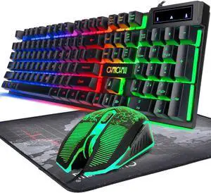 Gaming LED Wired Keyboard and Mouse Combo with Emitting Character 3200DPI USB Mouse Multimedia Keys Rainbow Backlight Mechanical Feeling for PC Resberry Pi Mac TOB Box with Mousepad