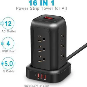 Power Strip Surge Protector, 5 Ft Extension Cord with 12 AC Multiple Outlets 4 USB (1 USB C), SMALLRT Power Tower Desktop Charging Station (Black)